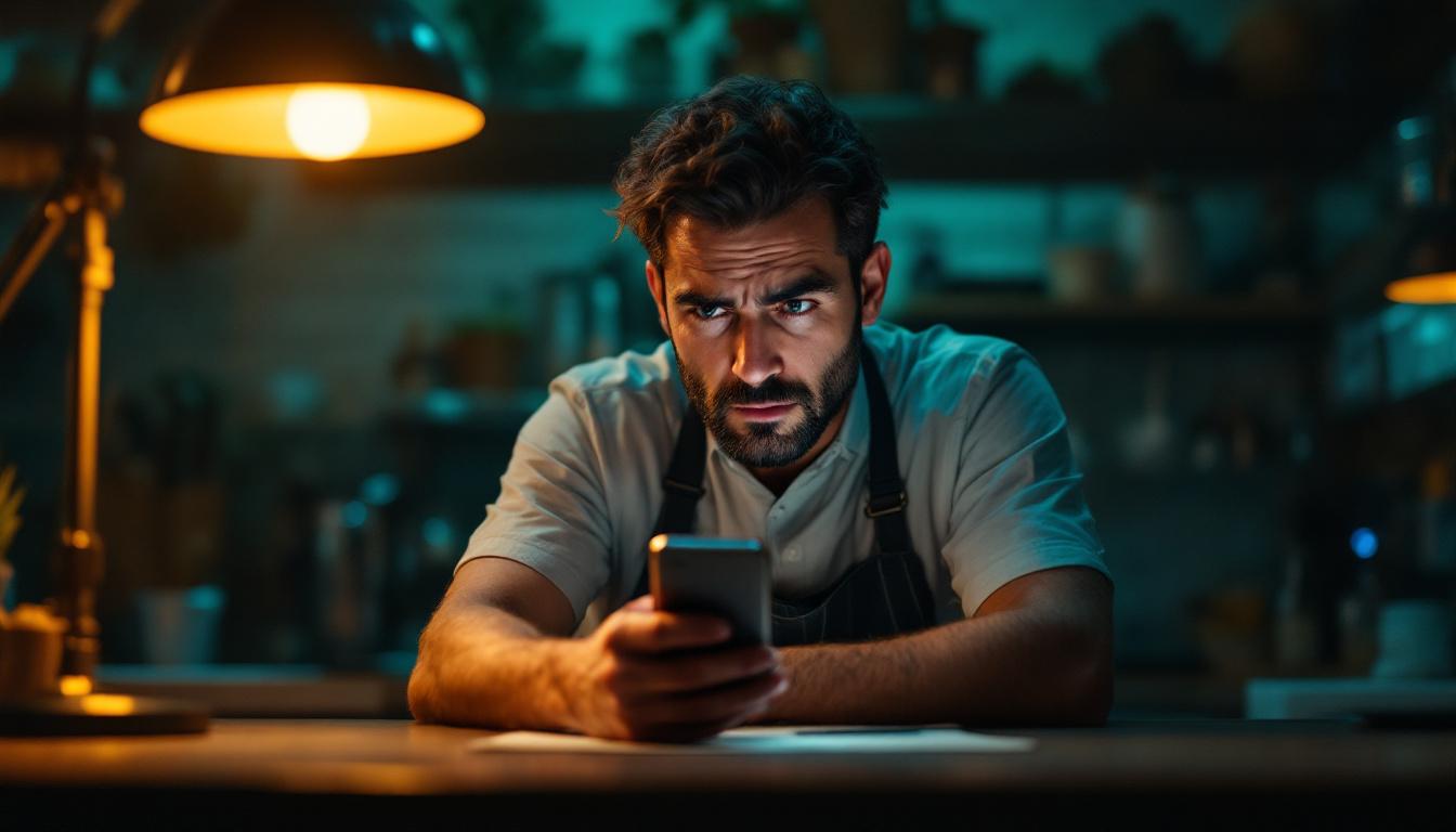 Propietario de negocio frustrado buscando su empresa en Google sin encontrarla