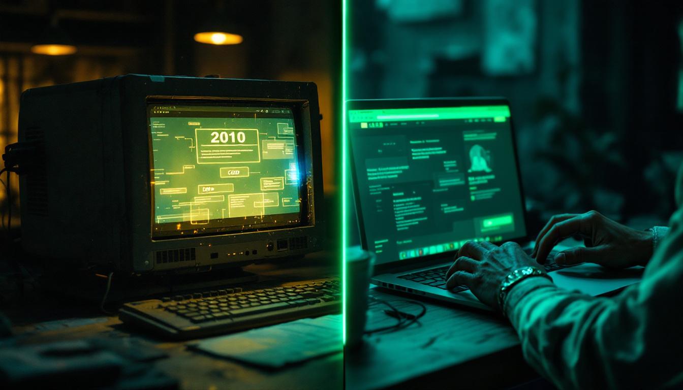 Comparación entre ordenador antiguo con web obsoleta y portátil moderno con web nueva